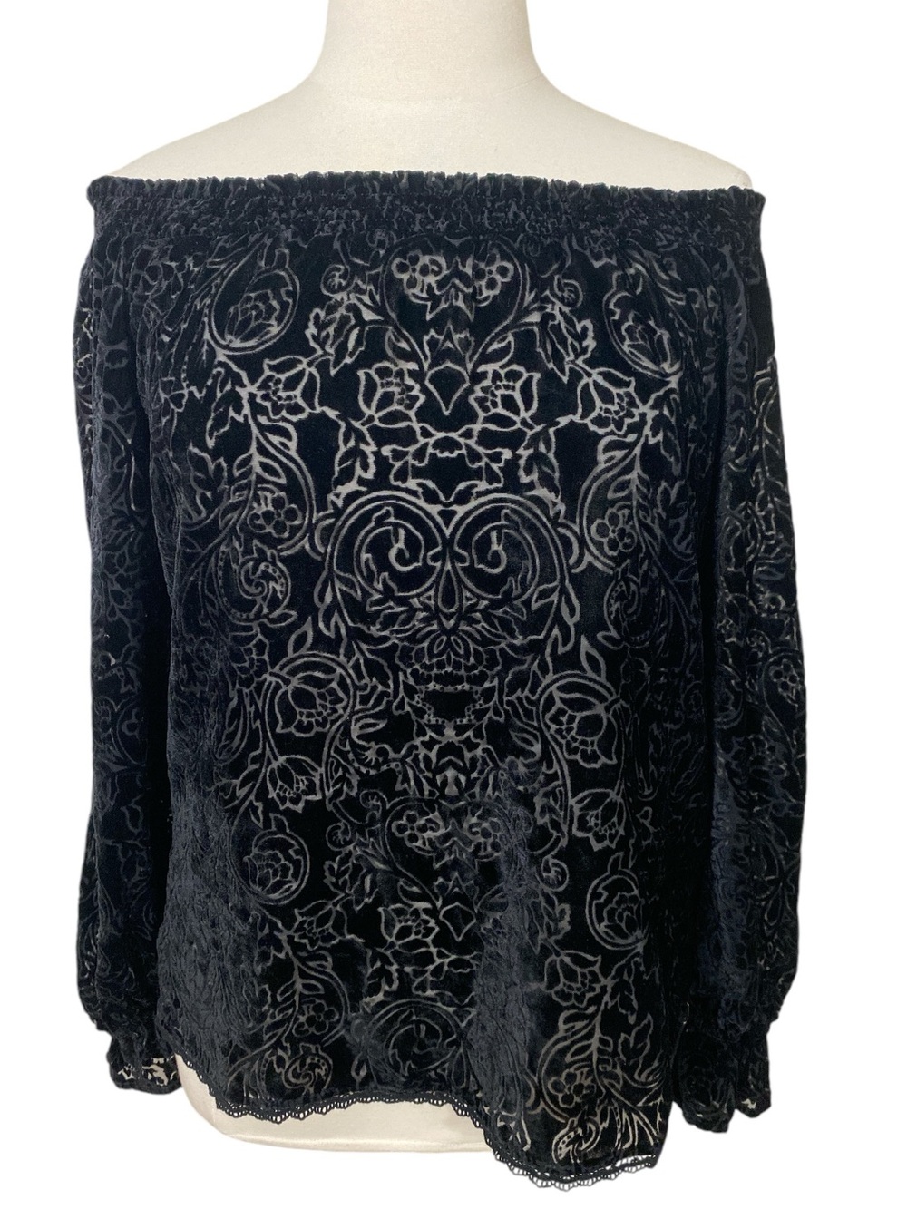 Whimsigoth Knox Rose Black Floral Burnout Off-Shoulder Top